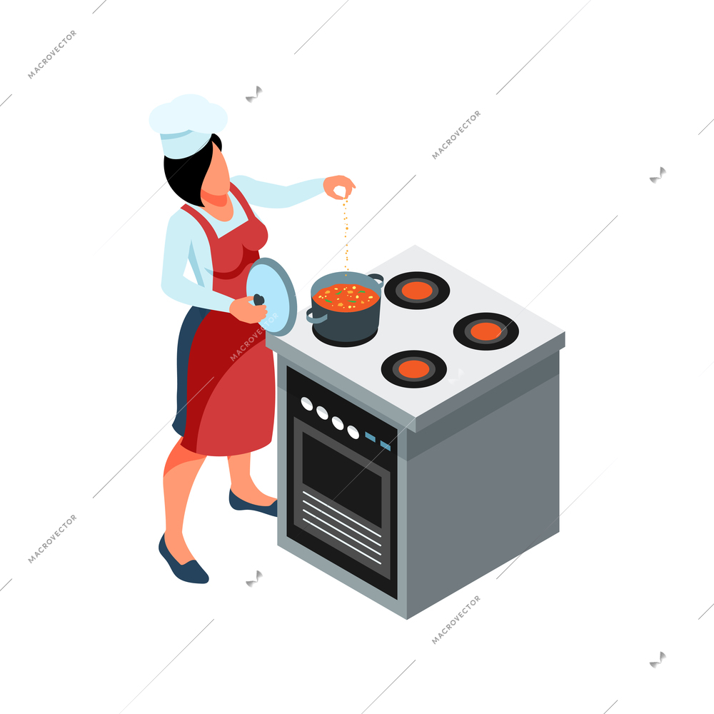 Woman in uniform cooking soup on cooker isometric icon 3d vector illustration