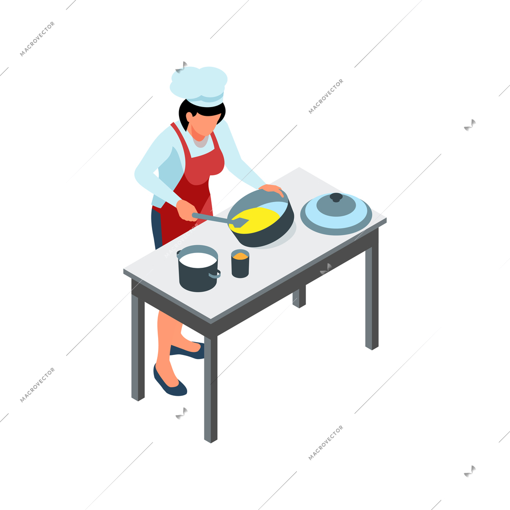 Woman wearing uniform cooking on kitchen table isometric icon vector illustration