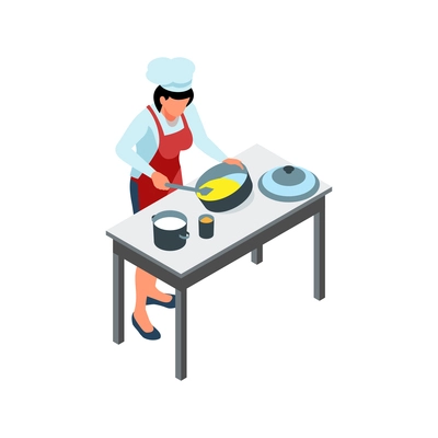 Woman wearing uniform cooking on kitchen table isometric icon vector illustration