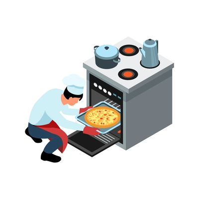 Isometric icon with chef in uniform putting baking pan with pizza into oven vector illustration