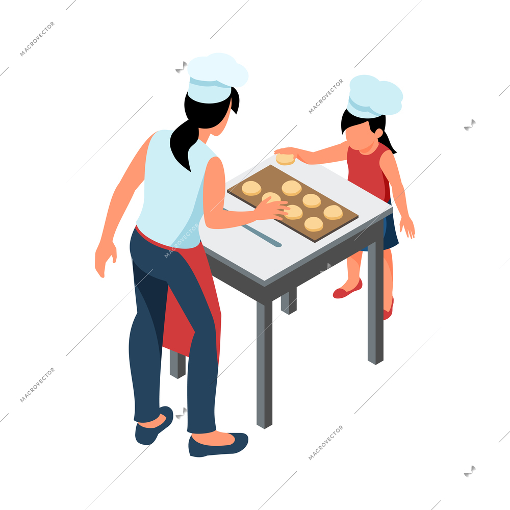 Mother and daughter cooking together in kitchen isometric vector illustration