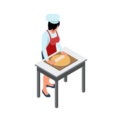 Isometric icon with baker in uniform rolling out dough 3d vector illustration