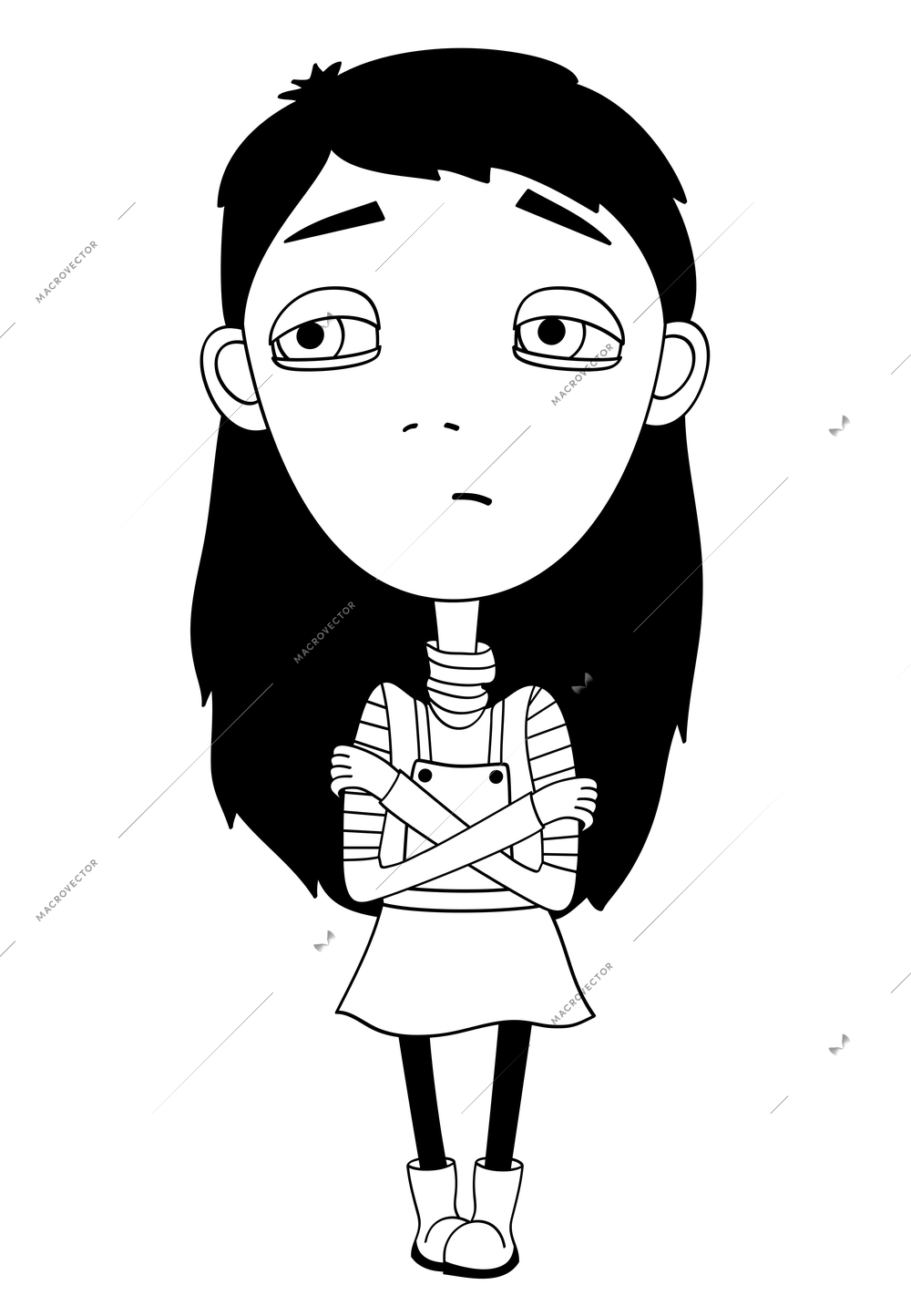 Sulky girl with braid and big eyes not smiling for print isolated vector illustration