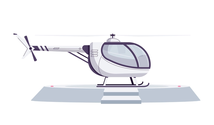 White helicopter on helipad in flat style vector illustration