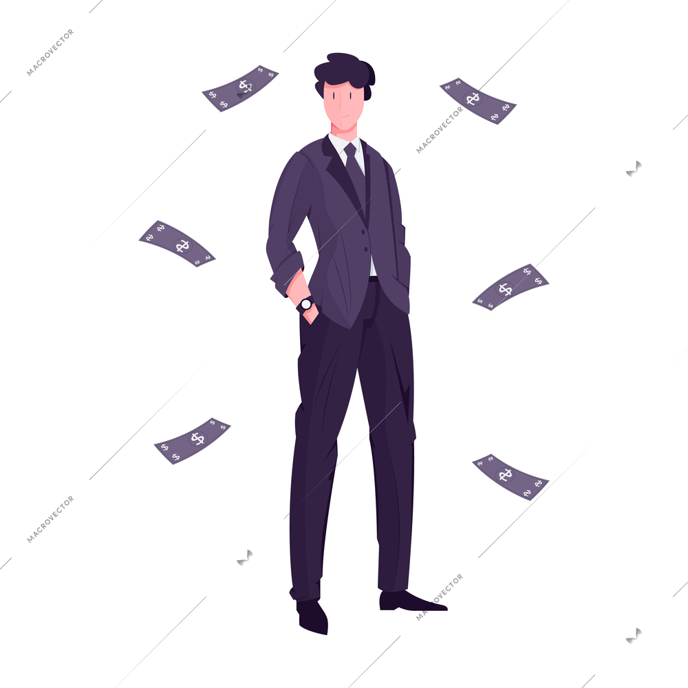 Confident millionaire wearing suit on white background with falling banknotes flat vector illustration