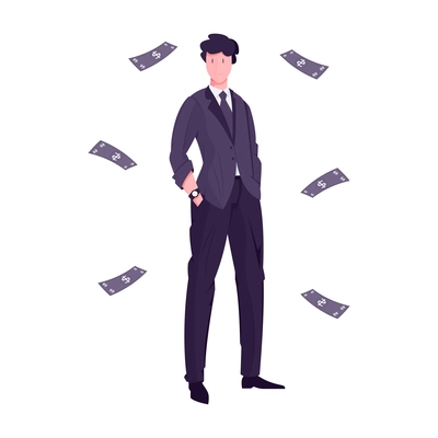 Confident millionaire wearing suit on white background with falling banknotes flat vector illustration