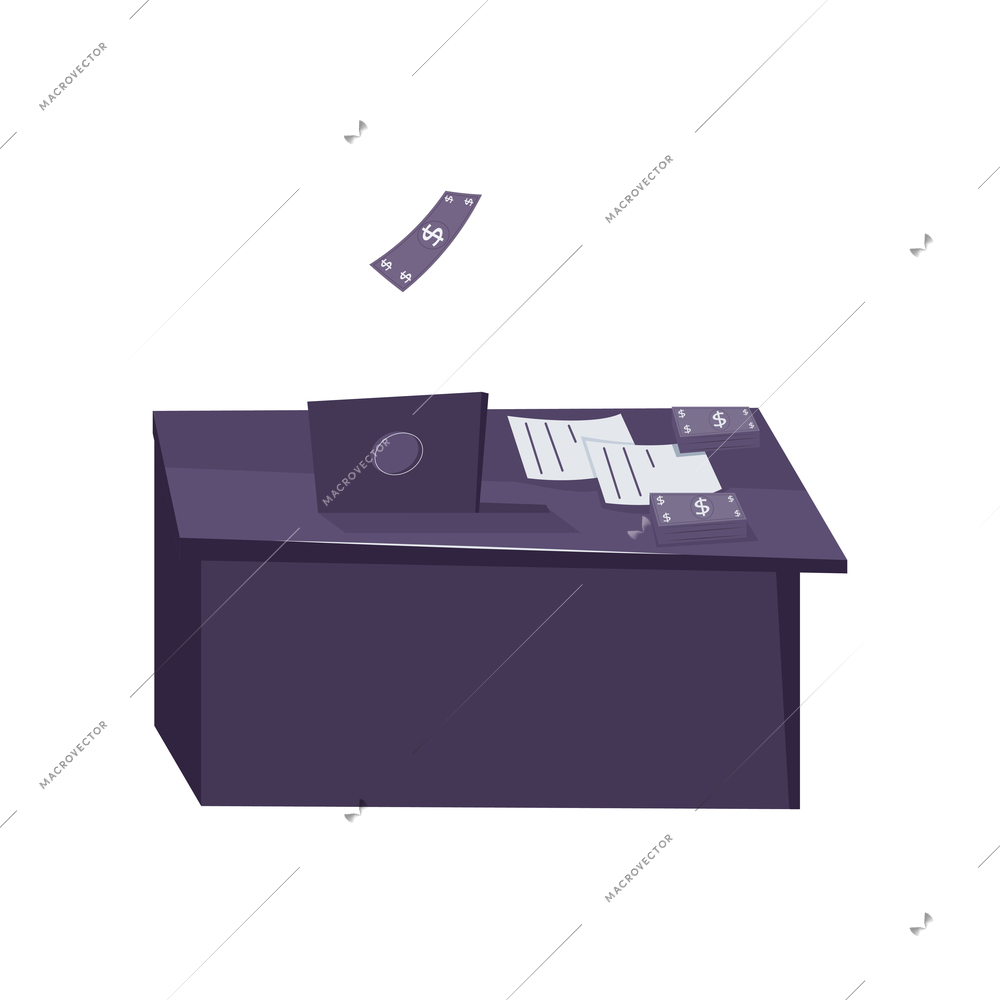 Flat businessman desk with laptop documents and money vector illustration