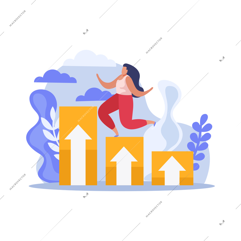 Goal achievement business composition with arrows up and successful character vector illustration