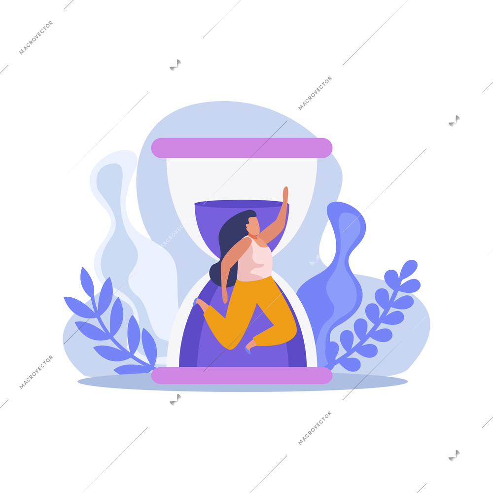 Flat time management concept icon with hourglass and human character vector illustration