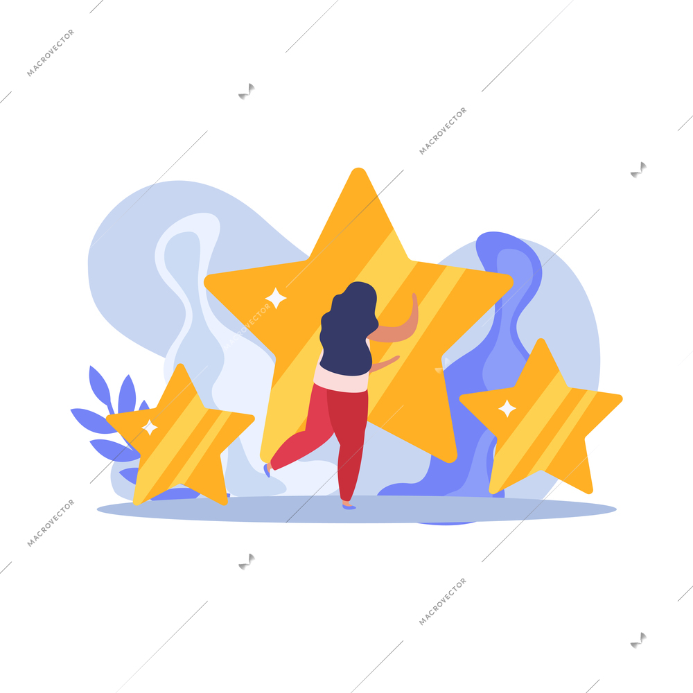 Flat winner people icon with female character and shiny stars vector illustration