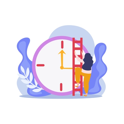 Flat time management success concept with clock and female character climbing ladder vector illustration