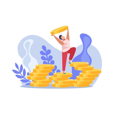 Winner people composition with happy man and pile of gold coins vector illustration