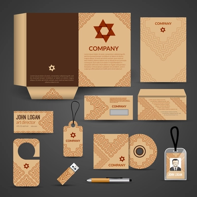 Brown paper business stationery layout template corporate design set isolated vector illustration