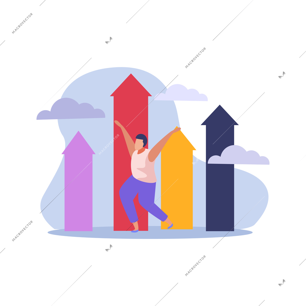 Winner people success development flat icon with character and colorful arrows up vector illustration