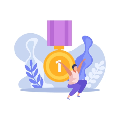 Flat colorful concept with character of winner and gold medal vector illustration