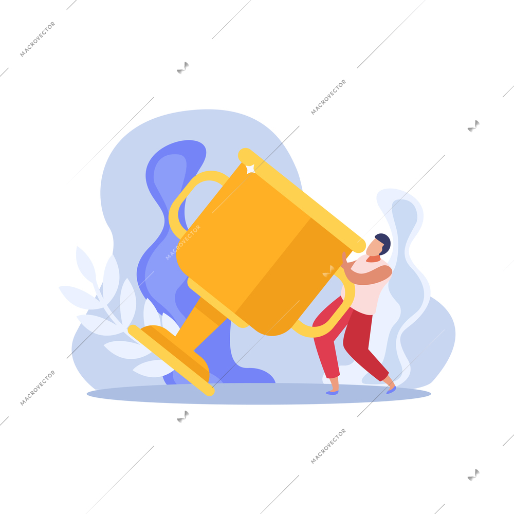 Winner people flat icon with character and big trophy vector illustration