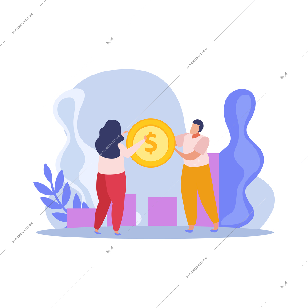 Flat composition with business people holding coin and diagram vector illustration