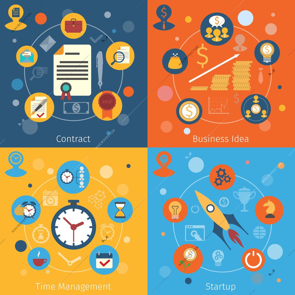 Modern web concepts flat set with contract business idea time management startup isolated vector illustration