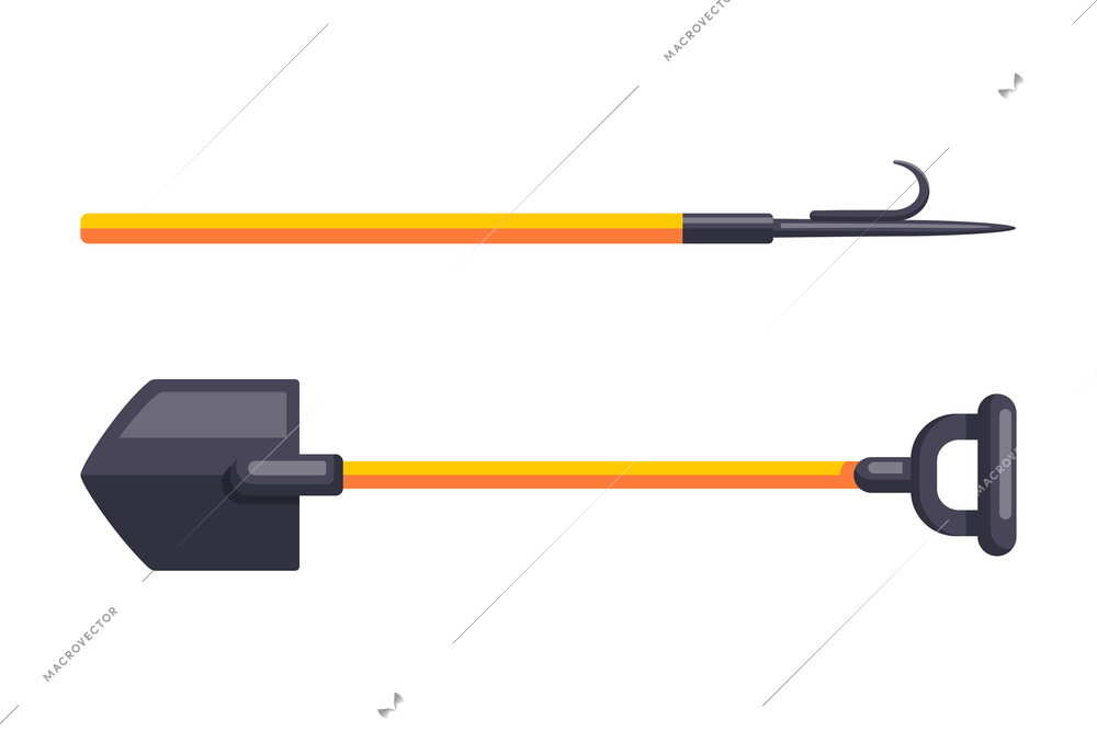 Cartoon firefighter tools with shovel and pike pole isolated vector illustration