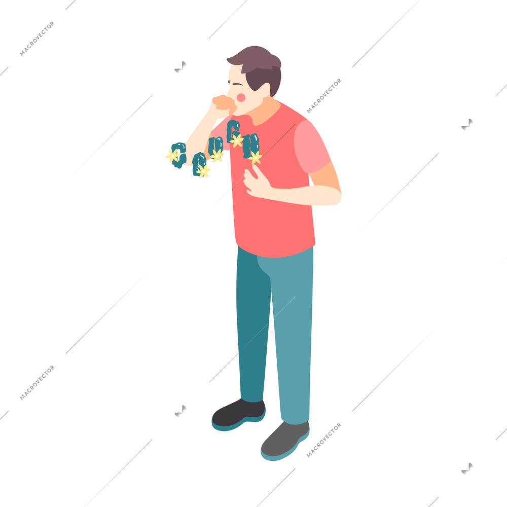Isometric icon with man coughing because of allergy to pollen 3d vector illustration