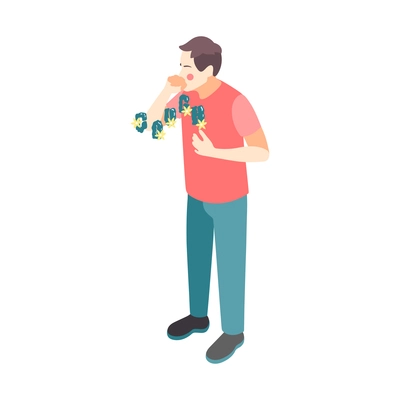 Isometric icon with man coughing because of allergy to pollen 3d vector illustration