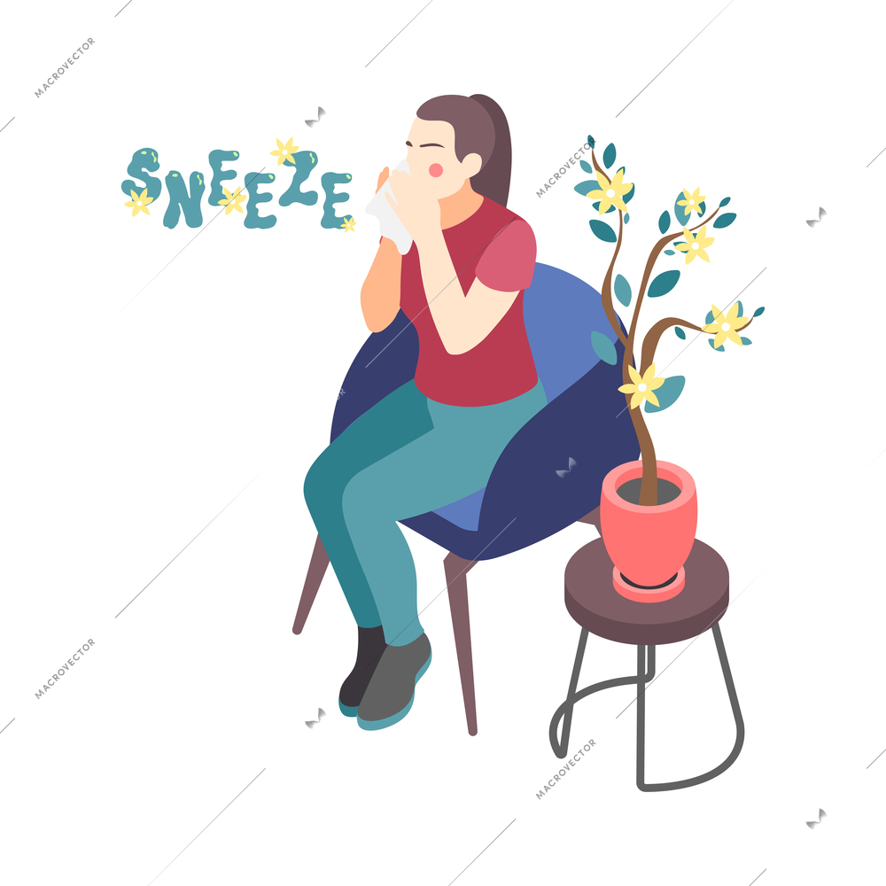 Woman with allergy to pollen sneezing 3d isometric vector illustration