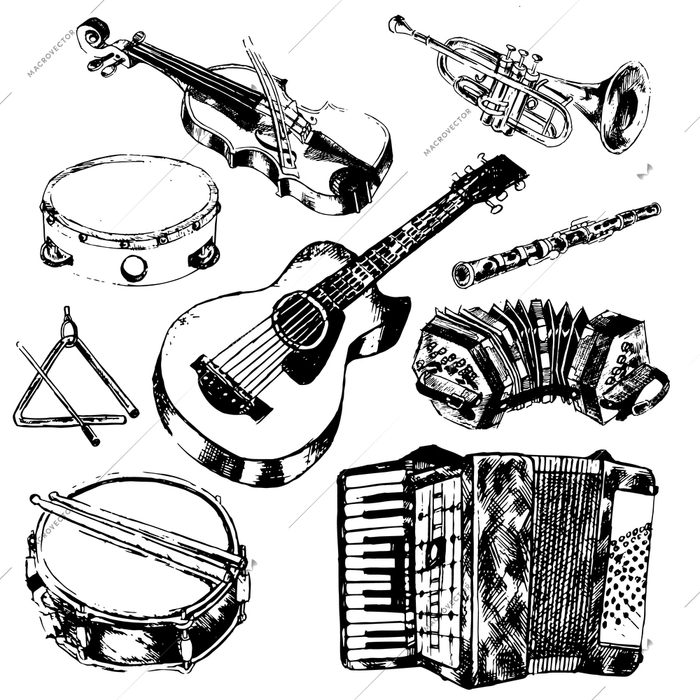 Classic musical orchestral instruments hand drawn icons set of guitar violin trumpet flute sketch vector isolated illustration