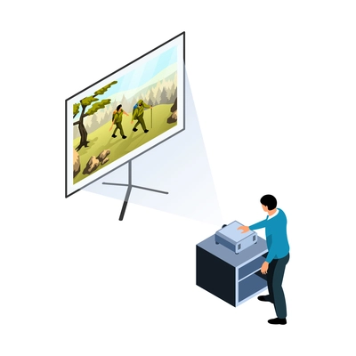 Character turning on projector to watch movie on projection screen isometric vector illustration