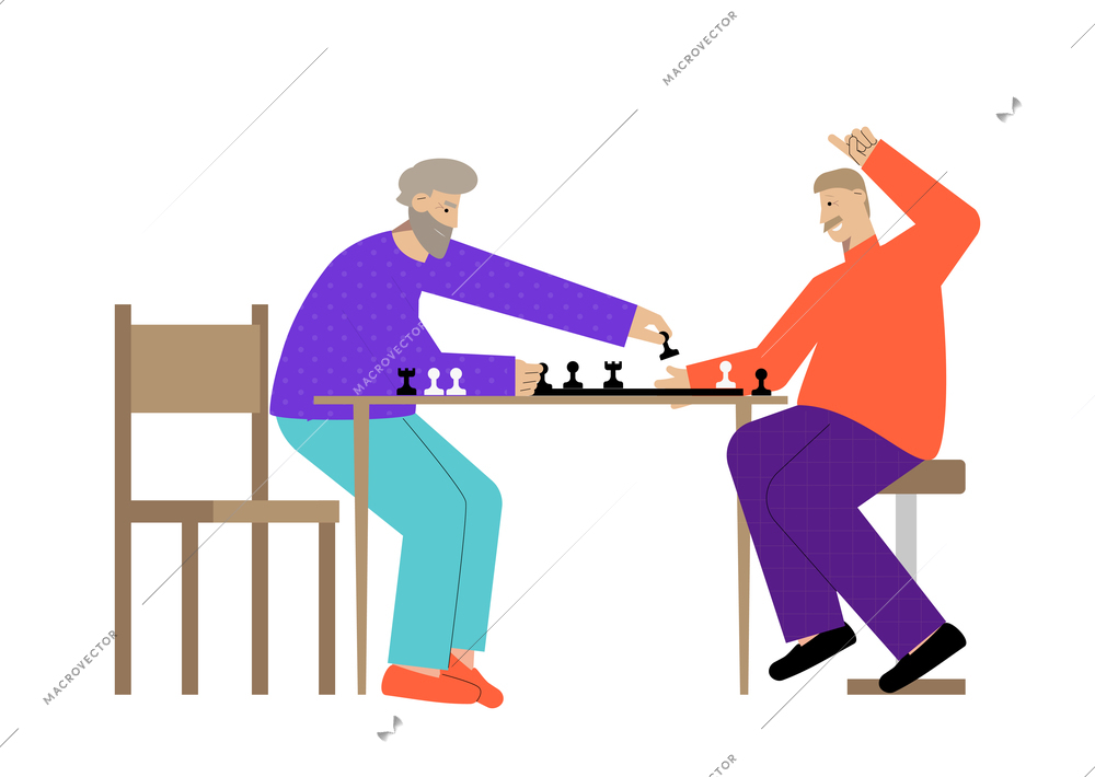 Two happy senior men playing chess flat vector illustration