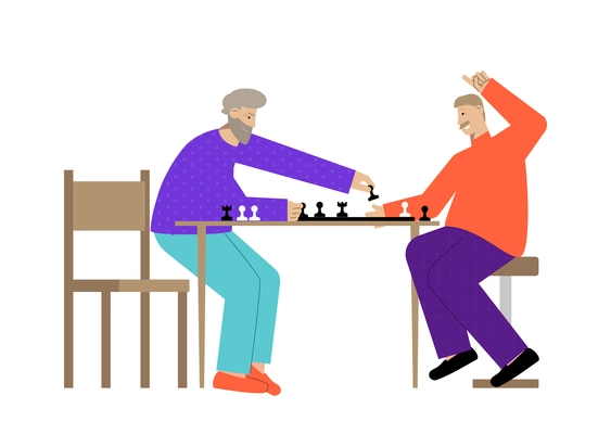 Two happy senior men playing chess flat vector illustration