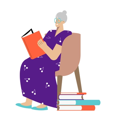 Happy elderly woman reading book in armchair flat vector illustration