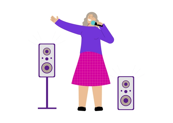 Flat composition with happy senior woman singing in microphone vector illustration