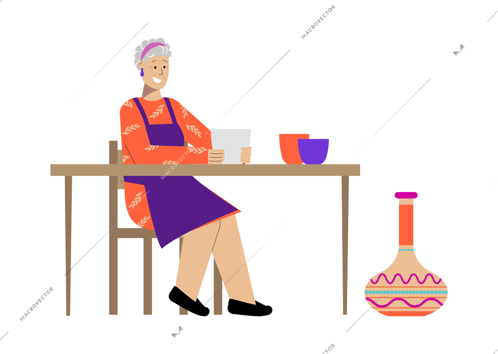 Flat hobby composition with happy elderly woman doing pottery vector illustration