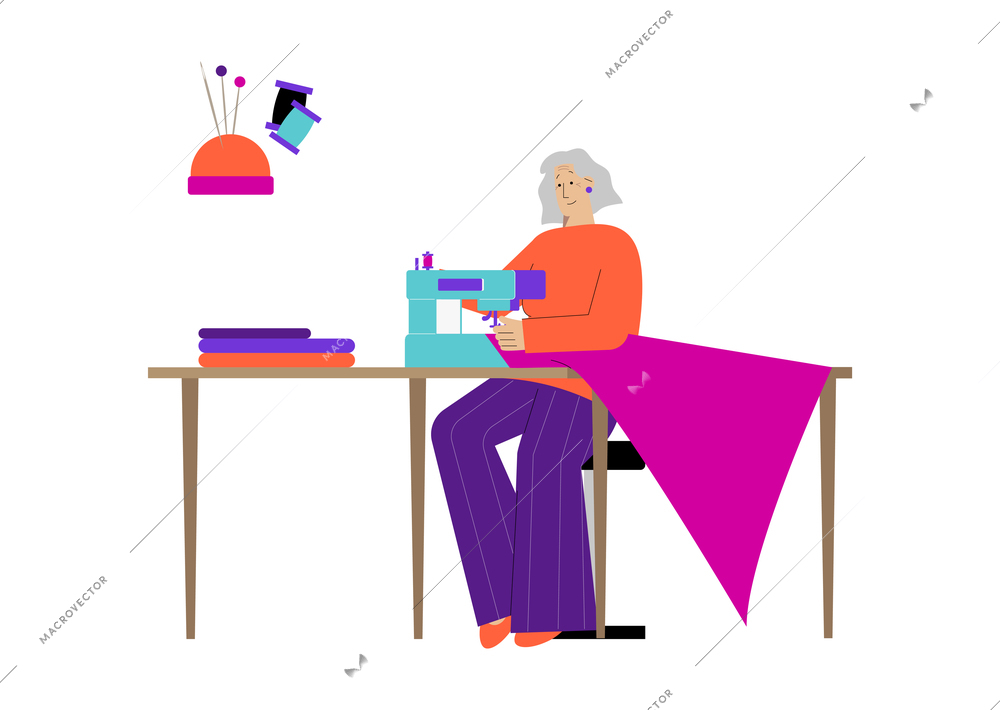 Hobby flat composition with elderly woman sewing on machine vector illustration