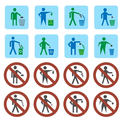 Litter throwing forbidden and allow signs icons set isolated vector illustration