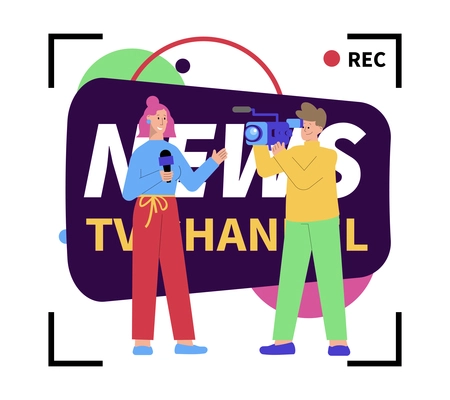 Flat news tv channel composition with record signs cameraman newscaster vector illustration