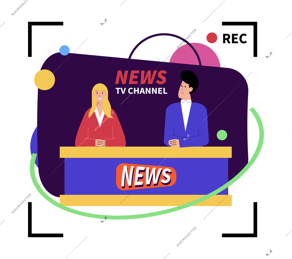 News flat composition with record signs and anchors on tv channel vector illustration