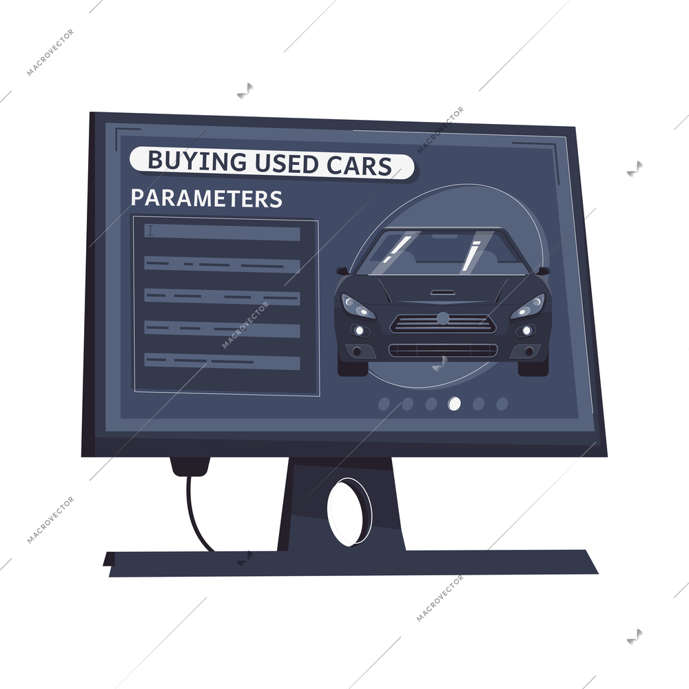 Used car buying and sale website on computer monitor flat vector illustration