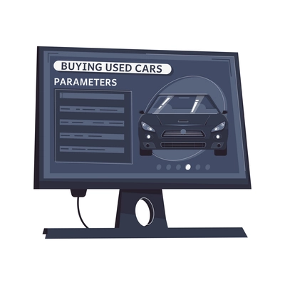 Used car buying and sale website on computer monitor flat vector illustration