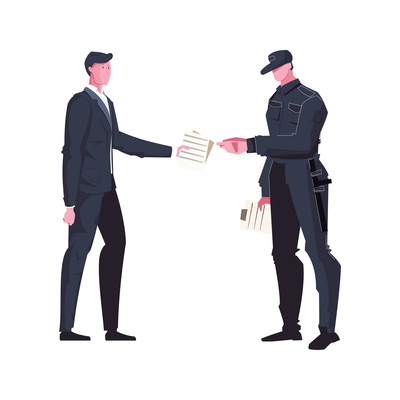 Man giving papers to guard in uniform with baton flat vector illustration