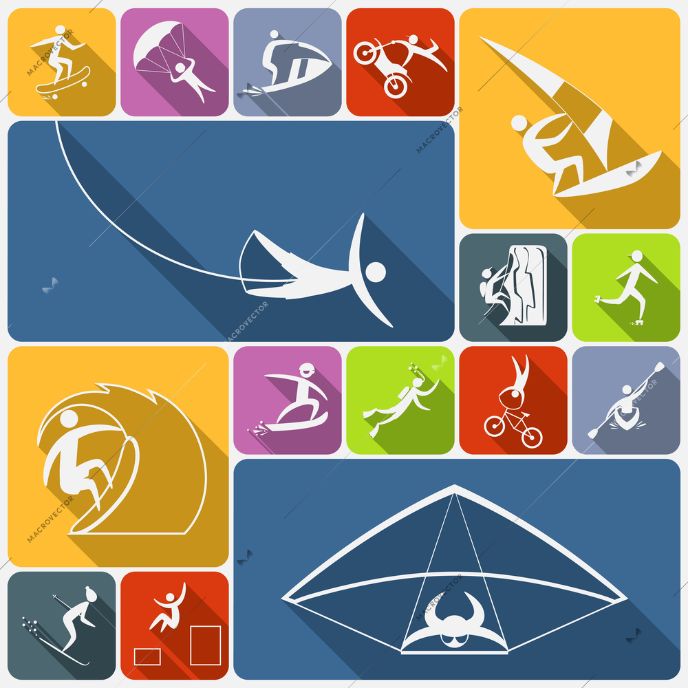 Extreme sports icons flat set of sailing cycling and kiting people isolated vector illustration