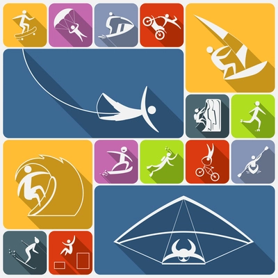 Extreme sports icons flat set of sailing cycling and kiting people isolated vector illustration