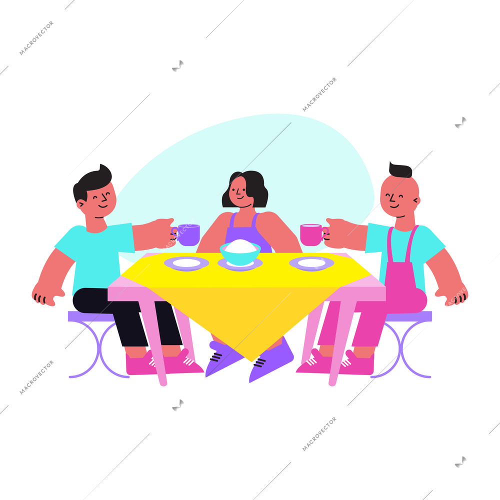 Happy children eating and drinking at cafe flat vector illustration