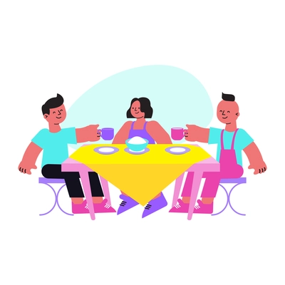 Happy children eating and drinking at cafe flat vector illustration