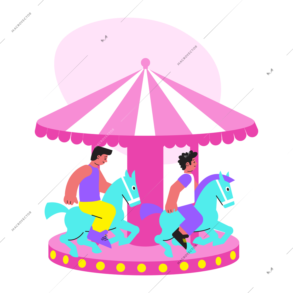 Teens having fun on carousel flat vector illustration