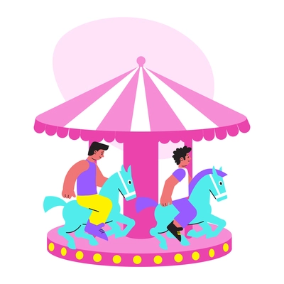 Teens having fun on carousel flat vector illustration