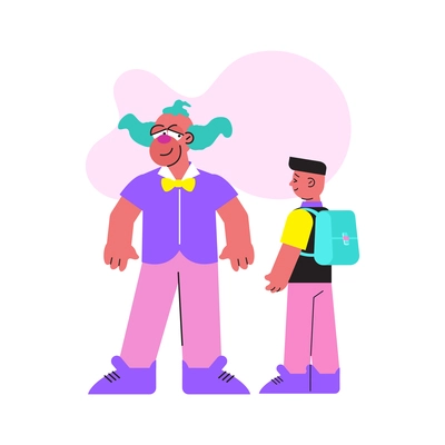 Smiling boy and man in clown costume flat vector illustration