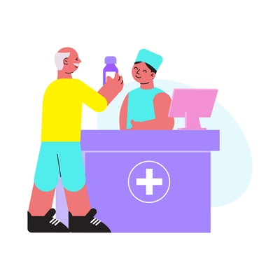 Pharmacist and elderly man buying medicine at drugstore flat vector illustration