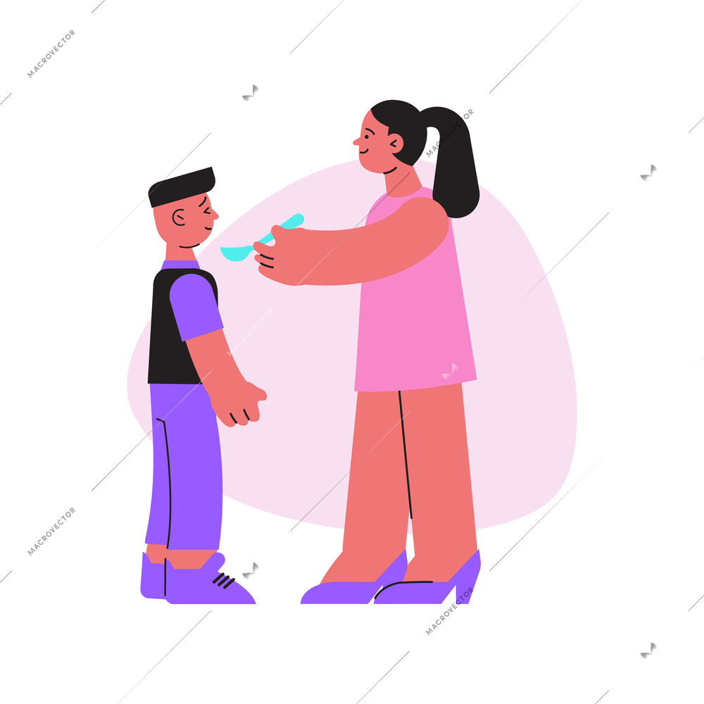 Pharmacy flat icon with woman giving cough syrup in spoon to boy vector illustration