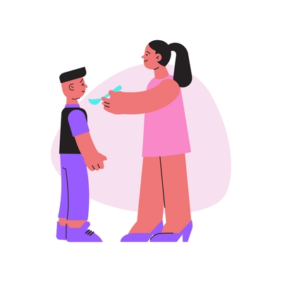 Pharmacy flat icon with woman giving cough syrup in spoon to boy vector illustration